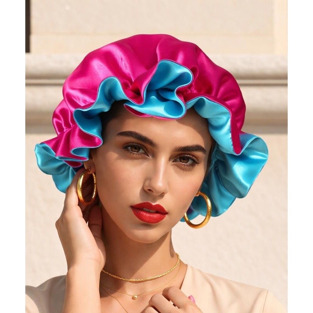Reversible Satin Sleep Bonnet Hat – Blue & Pink – Extra Large, Elastic Fit